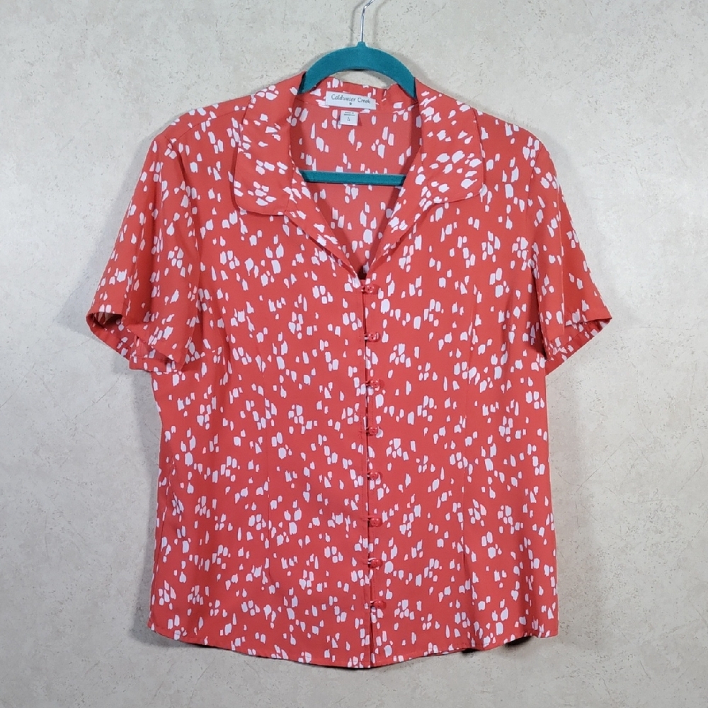 H162 Coldwater Creek peach & white crepe S/S button blouse L 14
